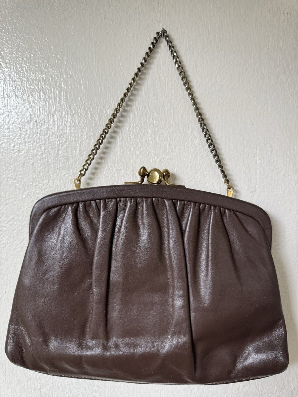 Vintage Andre 50s 60s Gold Kiss Lock Dark Brown Leather Frame handbag